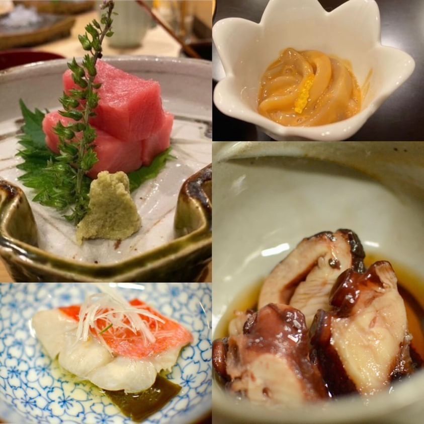 Sashimi, snacks and sushi