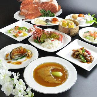翠玉（すいぎょく）コース 　ふかひれの姿煮、活鮑のステーキ、活伊勢海老の卵白仕立てなど計9品22,000円（税込）　※要2日前予約※