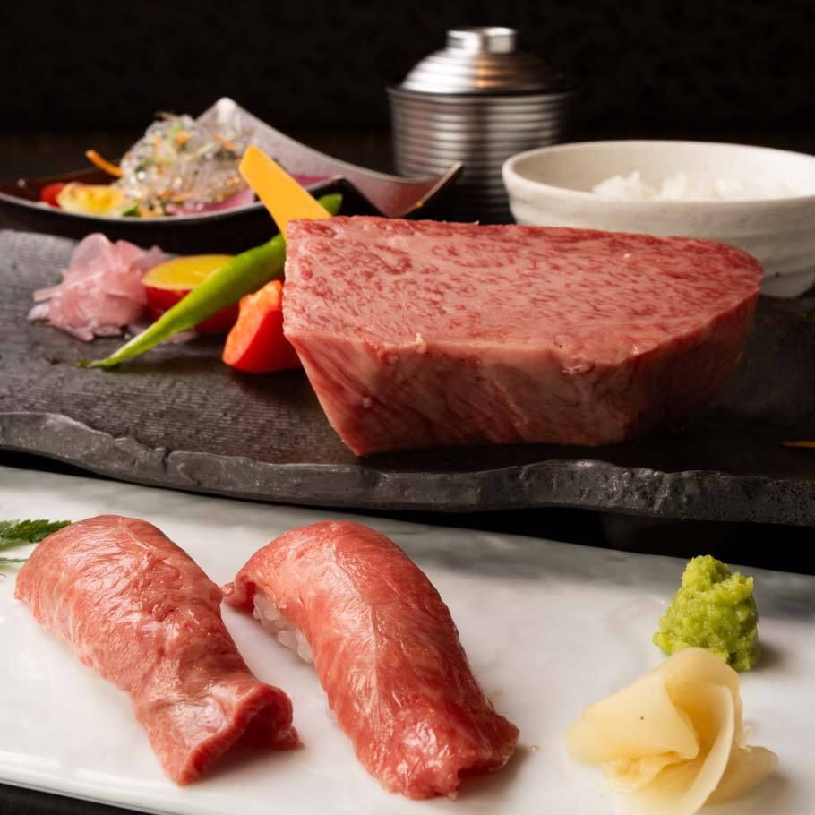 Reservation-only! “Kobe Beef Manfuku Course” – 7 dishes in total, including 2 types of grilled Kobe beef sushi and a 150g premium Kobe beef sirloin steak as the main course.