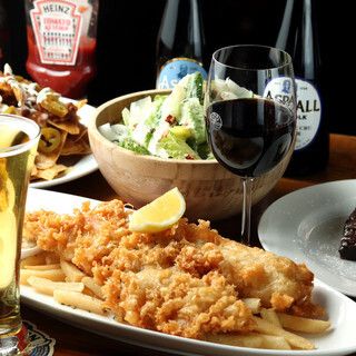 4 dishes including fish and chips + All-you-can-drink with draft beer [120 minutes] Pub classic menu
