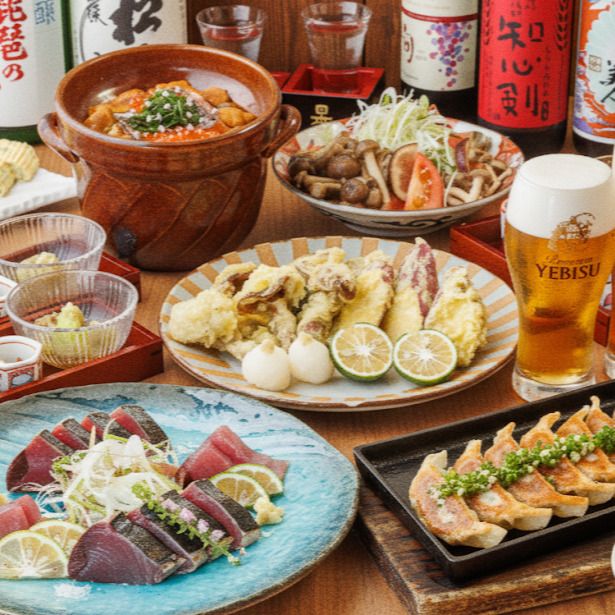 【秋の夜長！3H飲放題】高知県産日戻り鰹と博多鉄鍋餃子を堪能！秋の天ぷら盛合も付く秋宴会