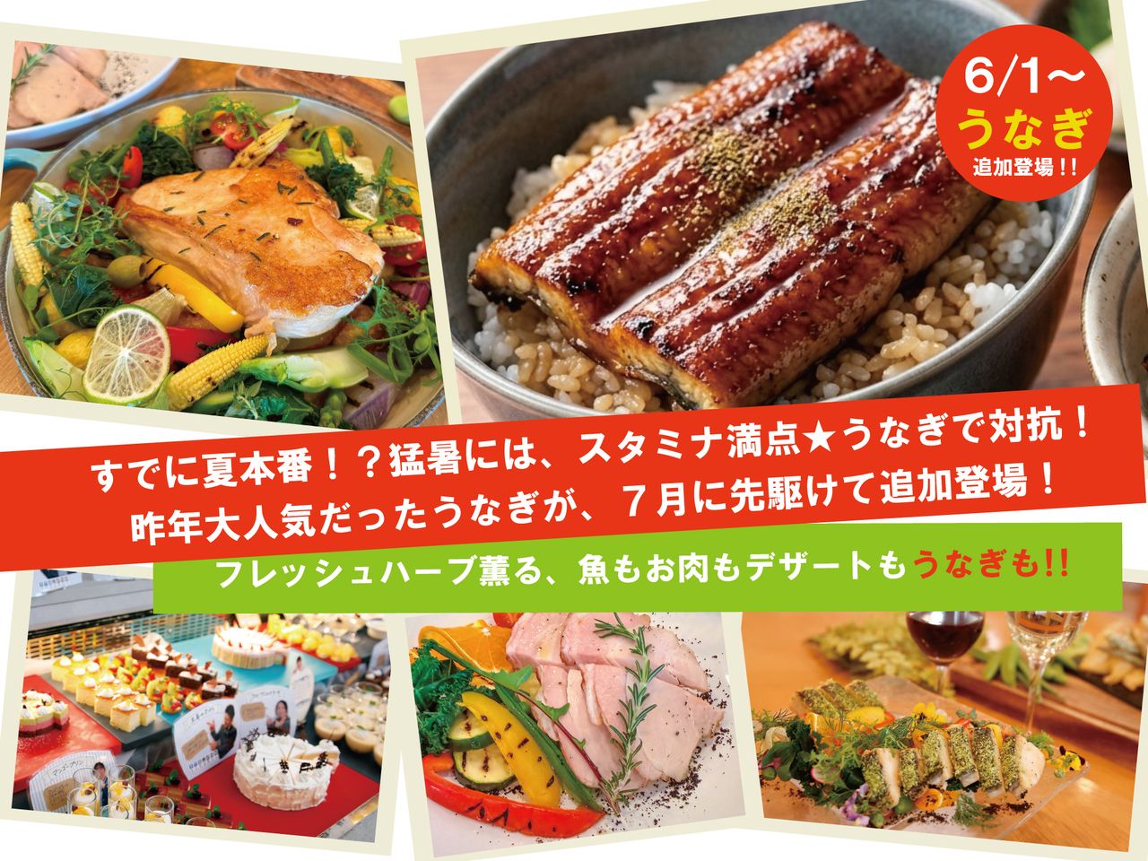 6/1~【時間無制限！】うなぎが追加登場★ソフトドリンクのみ★フレッシュハーブ薫る　魚もお肉もデザートも！【平日】　