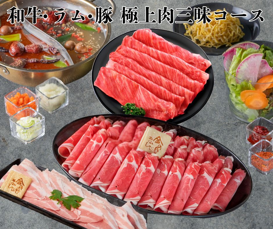 [Includes one serving of A5-grade Yonezawa Wagyu beef and 2 hours of all-you-can-eat] Kin no Me Special Meat Feast Mala Tang A Course (Lamb, Japanese Black Wagyu Beef, Domestic Pork) | Recommended for those who prefer to limit their drinks.