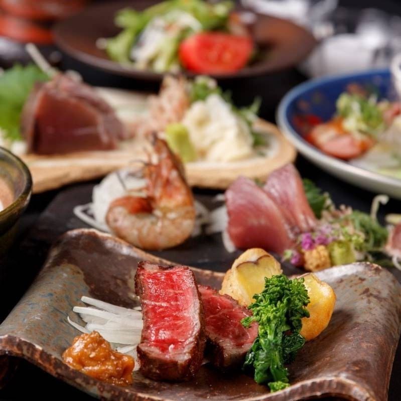 【3月-5月】鰹藁焼き×昆布〆鯛の藁焼×鮪中トロの藁焼き　豪華藁焼き堪能！3種合盛り 碧の清流コース（2時間飲み放題付き）