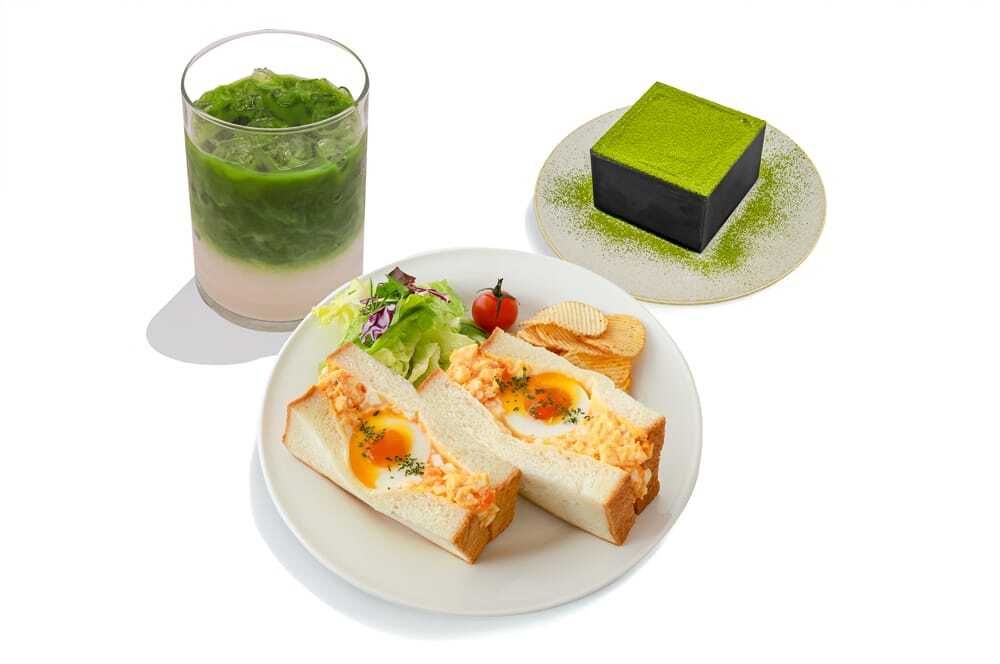 Egg sandwich + drink + matcha tiramisu