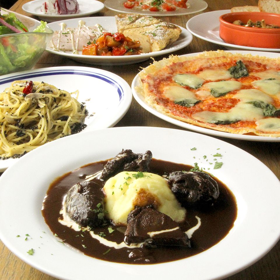  鹿スネ肉のとろとろ赤ワイン煮込みとウニのペペロンチーノのベラピスタコース8品　飲み放題(2.5時間制)