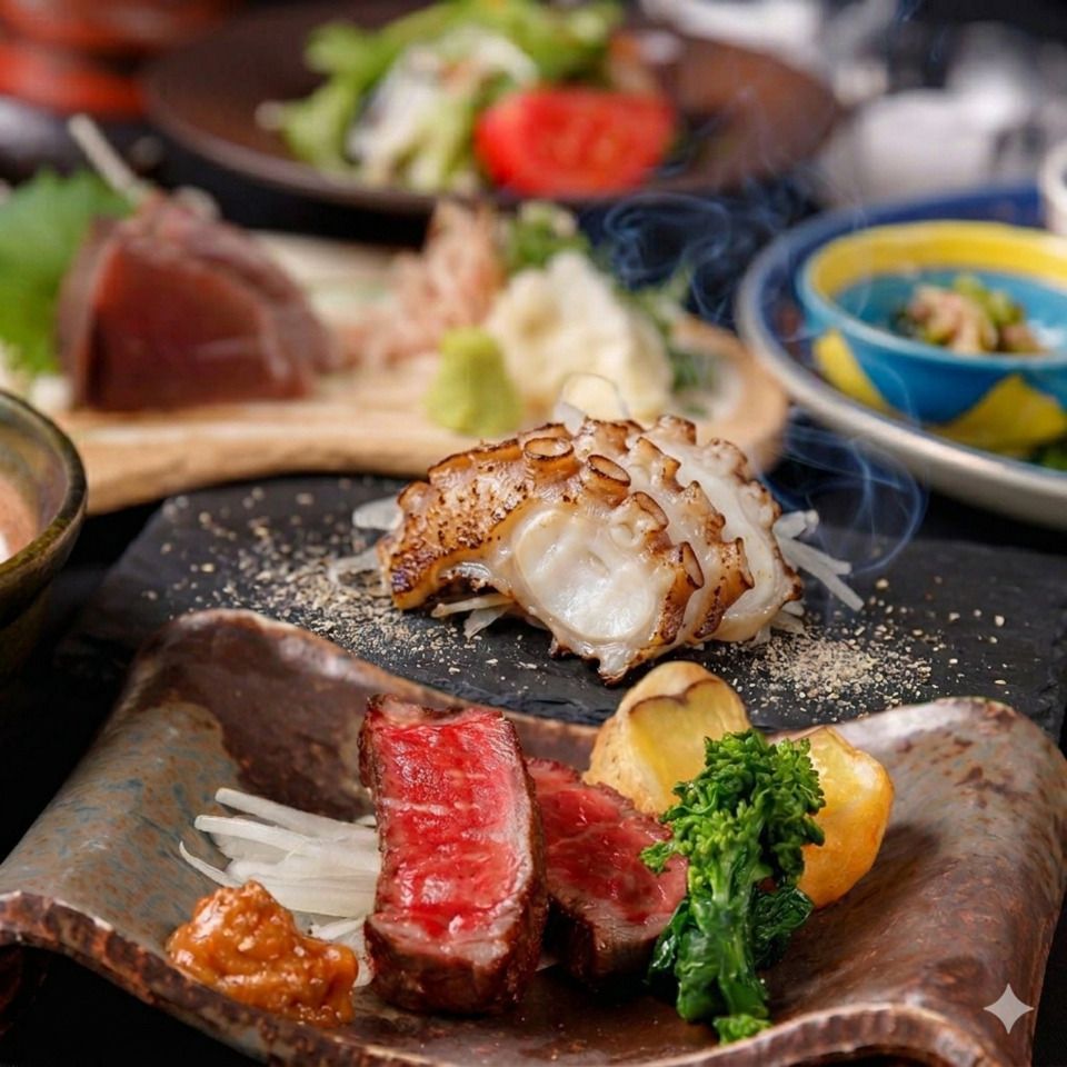 鰹藁焼き×水蛸の藁焼き×鮪中トロの藁焼き　豪華藁焼き堪能！3種合盛り 鳴子コース（2時間飲み放題付き）