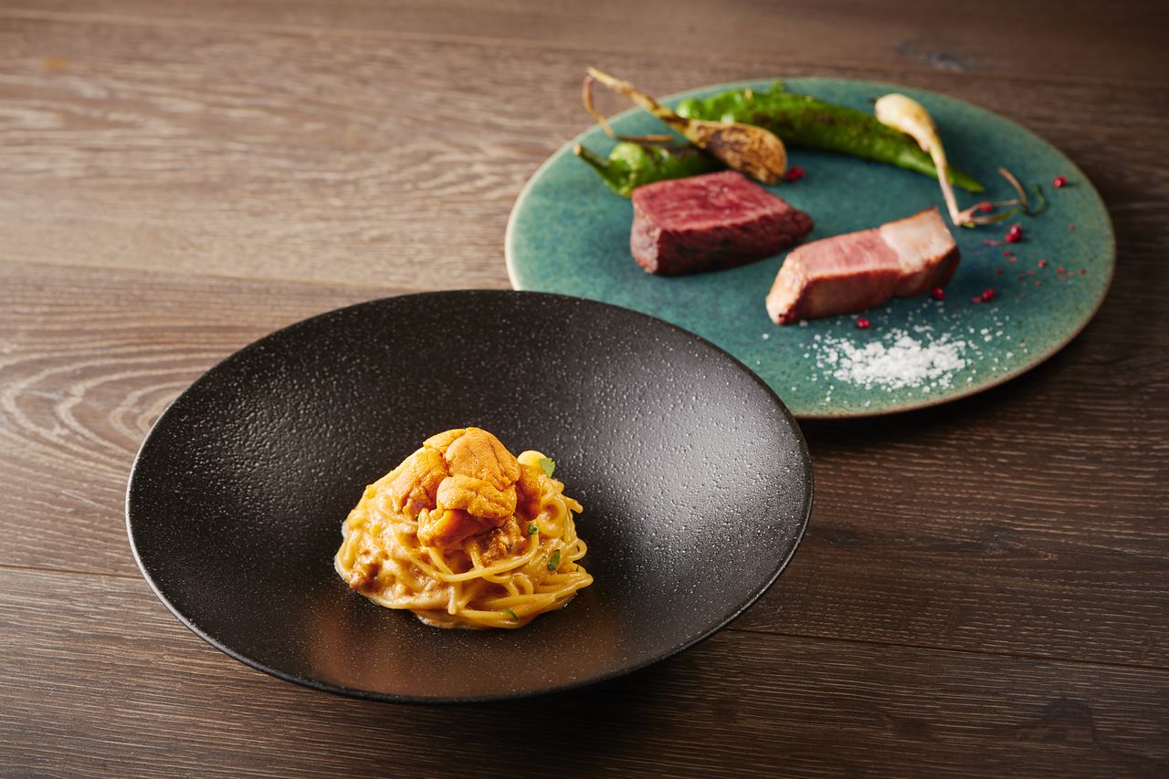 Special price! The main course is charcoal-grilled A5 black wagyu beef and sea urchin and crab miso pasta! 5 dishes, 7 types, all-you-can-drink included, 5,000 yen